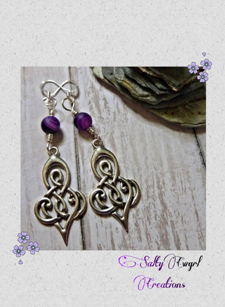 Silver Celtic Knot & Purple Banded Agate Earrings - SaltyCwgrl Creations