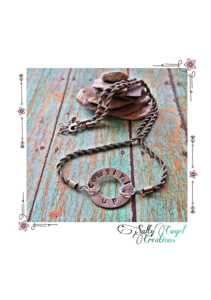 Cowgirl Up Hand Stamped Silver Twisted Rope Necklace - SaltyCwgrl Creations