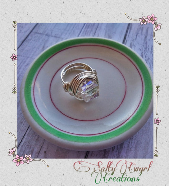 Artisan Handmade Swarovski Crystal and Silver Wire Wrap Ring - SaltyCwgrl Creations