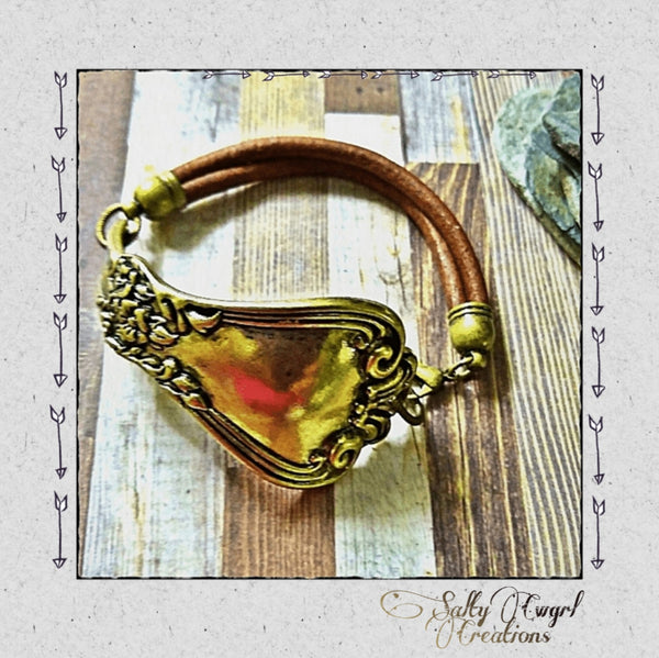 Brass Gold Spoon Handle & Leather Cuff Bracelet - SaltyCwgrl Creations