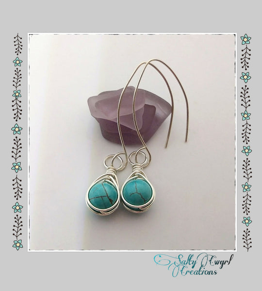 Turquoise Howlite Herringbone Wire Wrap Earrings - SaltyCwgrl Creations