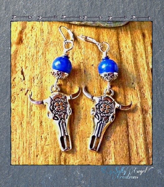 Cowgirl Silver Steer Skull & Lapis Earrings - SaltyCwgrl Creations