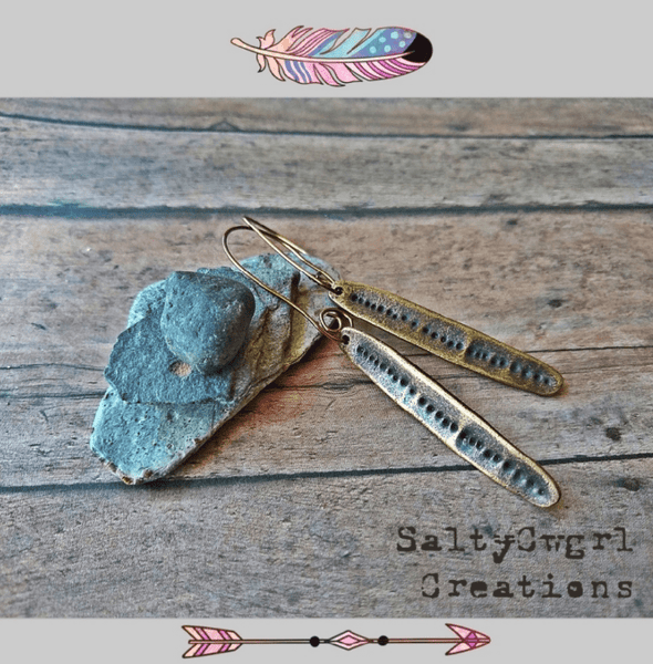 Rustic Antique Brass Stippled Leaf Earrings - SaltyCwgrl Creations
