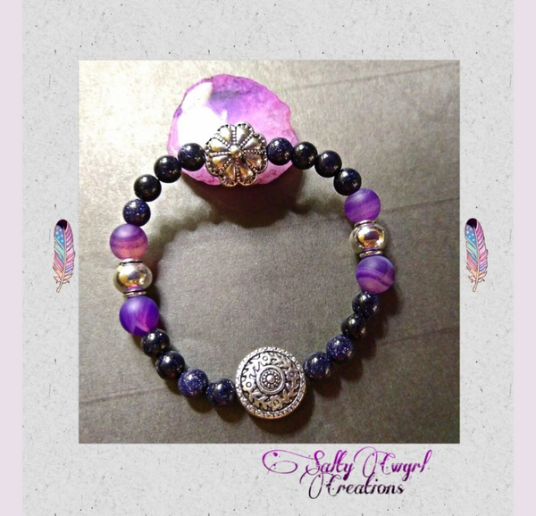 Blue Sandstone & Purple Banded Agate Silver Bracelet - SaltyCwgrl Creations