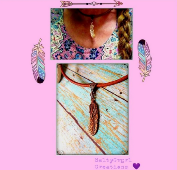 Boho Copper Feather Leather Cord Choker - SaltyCwgrl Creations