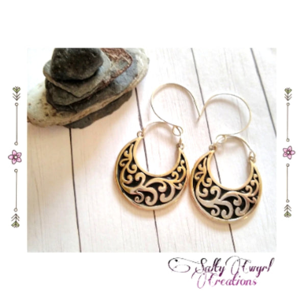 Western Boho Chic Silver & Black Scroll Design Earrings - SaltyCwgrl Creations