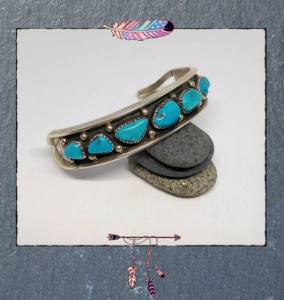 Hopi Artist Signed Turquoise Nugget & Sterling Cuff