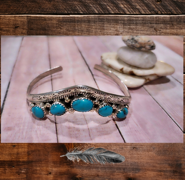 Vintage Native F. Yazzie Sterling Stamped Turquoise Cuff